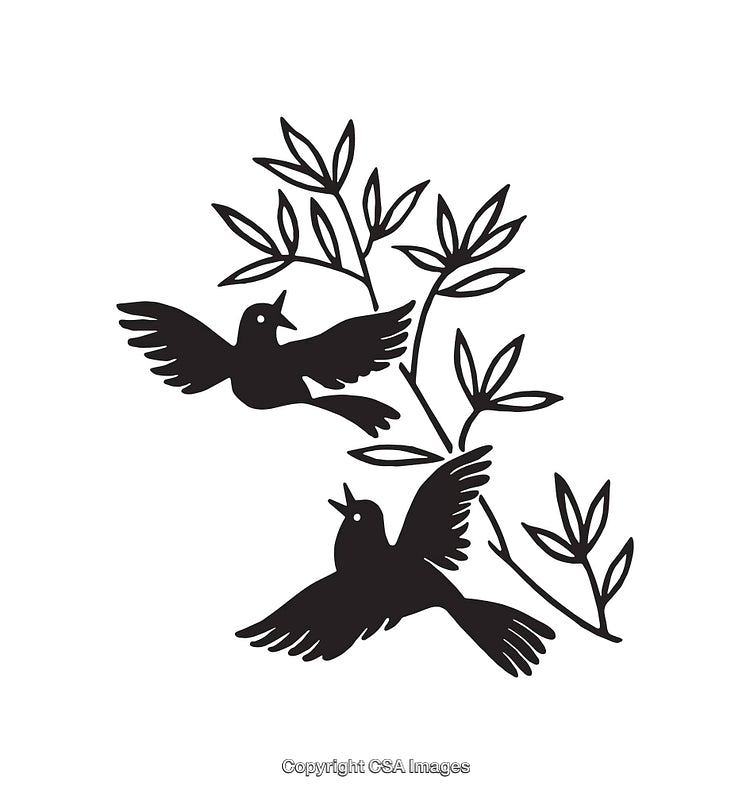 Black and White Line Art of Birds with Foliage Design