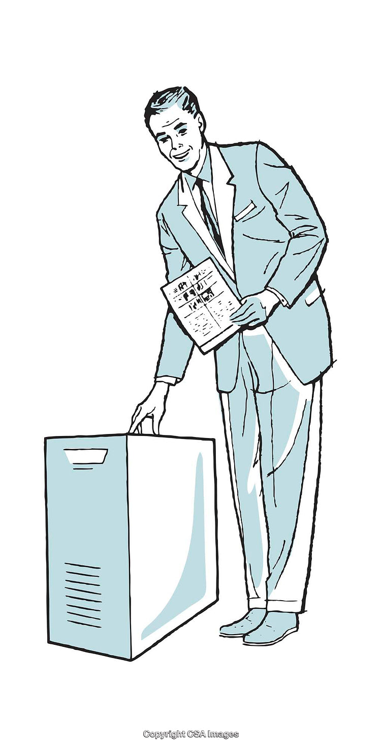 Retro Illustration of Man Holding Document by a Large Machine