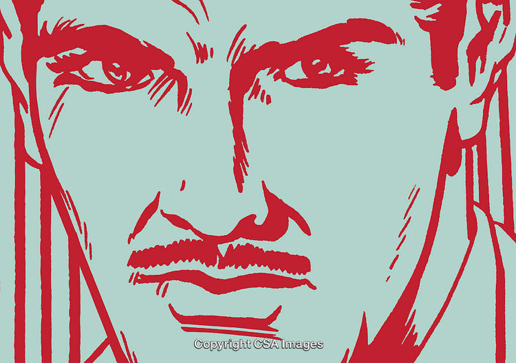 Vivid Red Stencil Portrait on Light Blue Background with Bold Lines