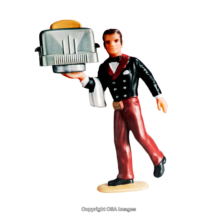 Miniature Toy Figurine of Dressed Waiter Holding a Toaster