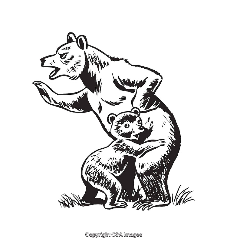 Black and White Illustration of a Protective Mother Bear and Her Cub
