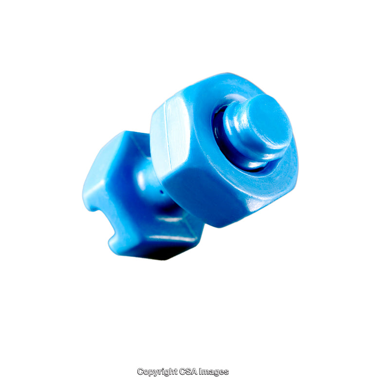 Blue Plastic Toy Shaped as a Nut and Bolt Isolated on White Background