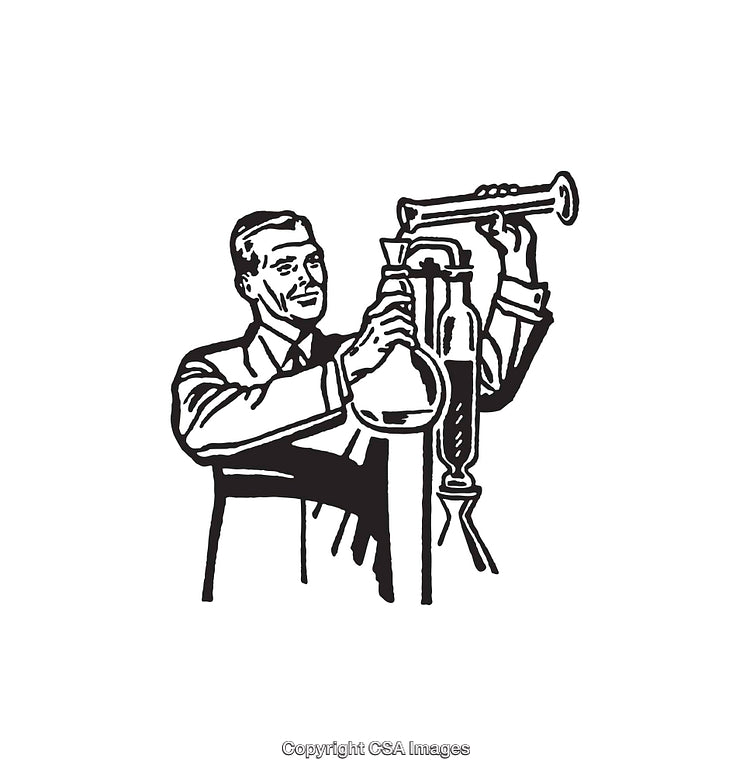 Vintage Line Art of Scientist Working With Laboratory Equipment