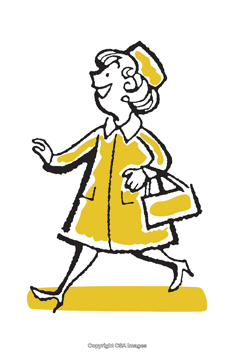 Bright Illustration of a Woman in a Cheerful Yellow Outfit Walking Happily