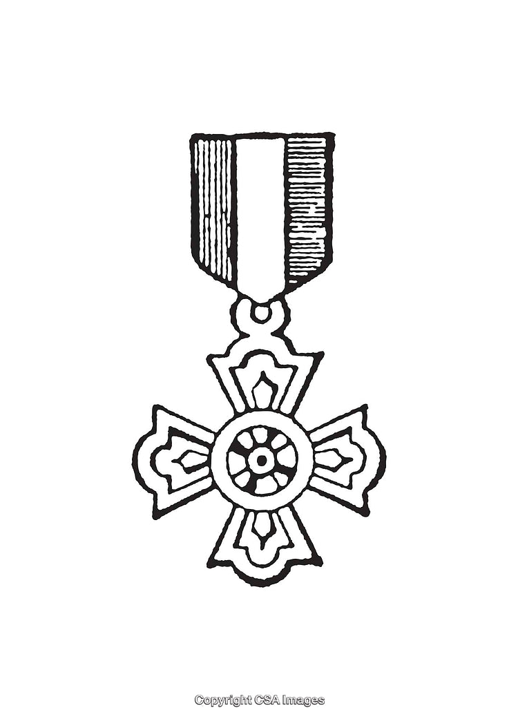 Black and White Cross Medal Line Art Illustration on White Background