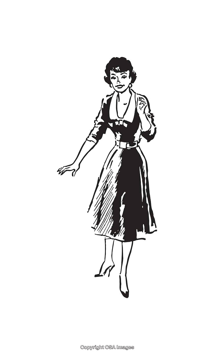Vintage Black And White Illustration of a Standing Woman in 1950s Attire