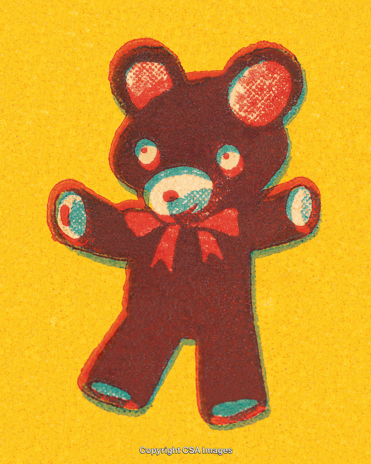 Vintage Teddy Bear Illustration in Colorful Retro Pop Art Style on Yellow Background