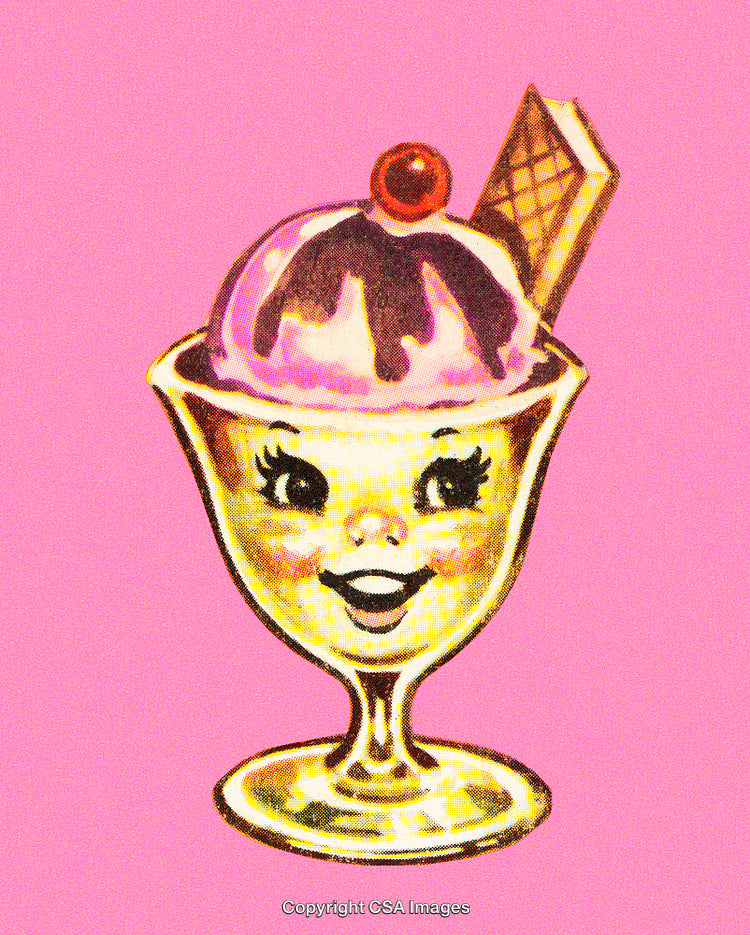 Retro Cartoon of Smiling Ice Cream Sundae on a Pink Background