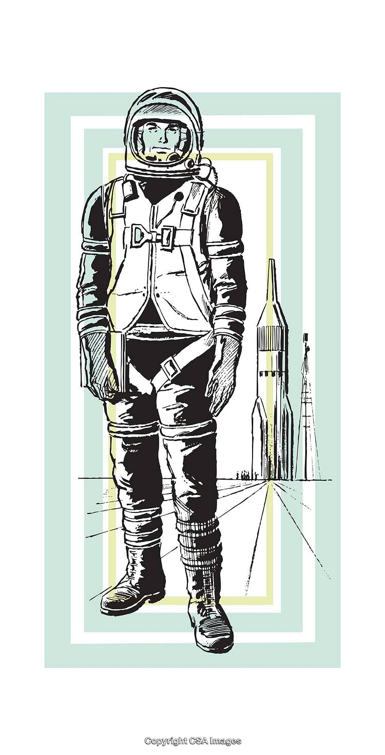 Illustration of a Spacesuited Astronaut with Rocket and Spacecraft Elements
