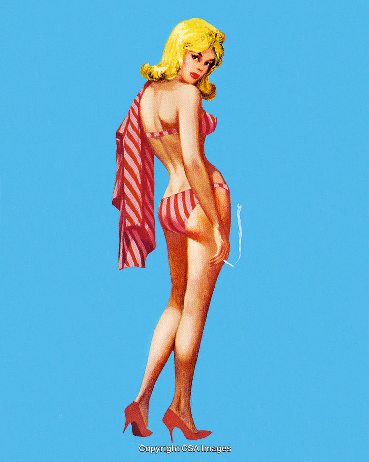 Vintage Pin-Up Illustration Featuring Woman in Striped Bikini on Blue Background