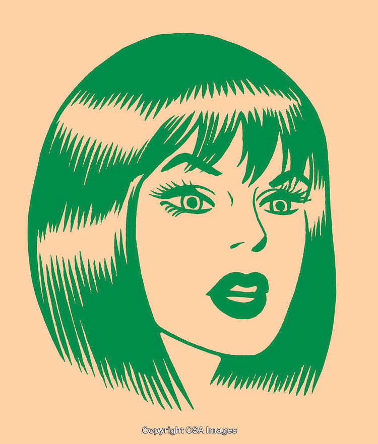 Stylized Portrait of a Surprised Woman in Green on a Beige Background