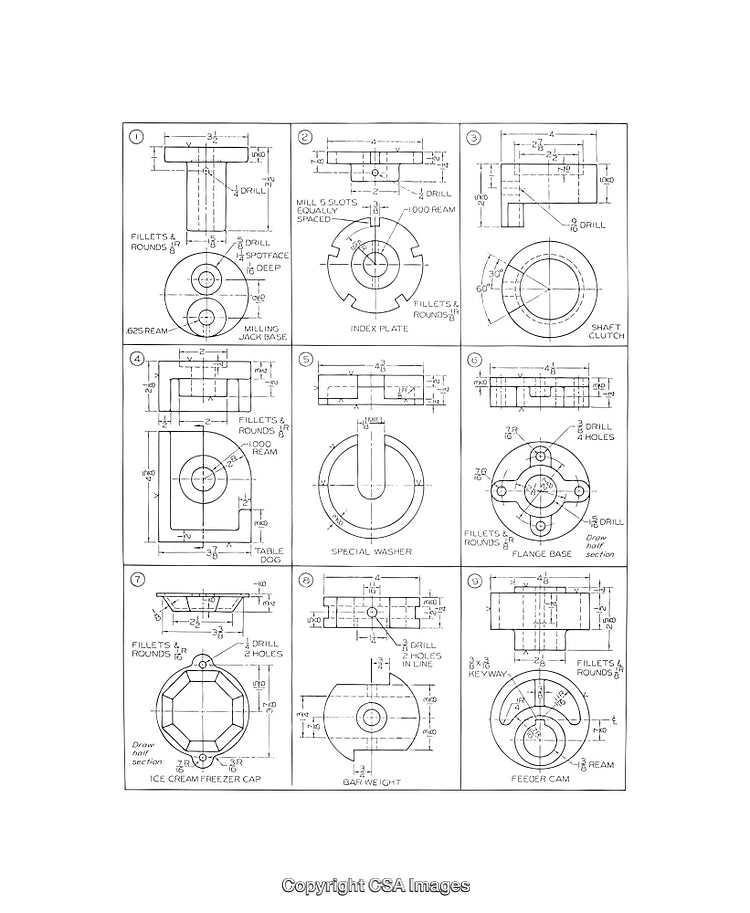 Detailed Black and White Mechanical Blueprint Diagrams Featuring Technical Descriptions