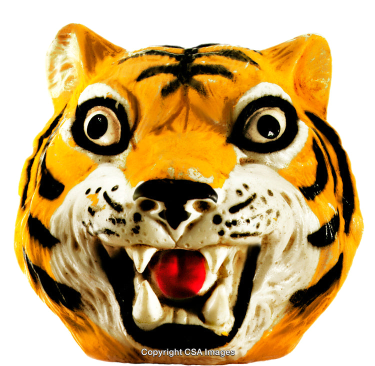 Close-Up of a Vibrant Tiger-Head Plastic Figurine With Fierce Expression
