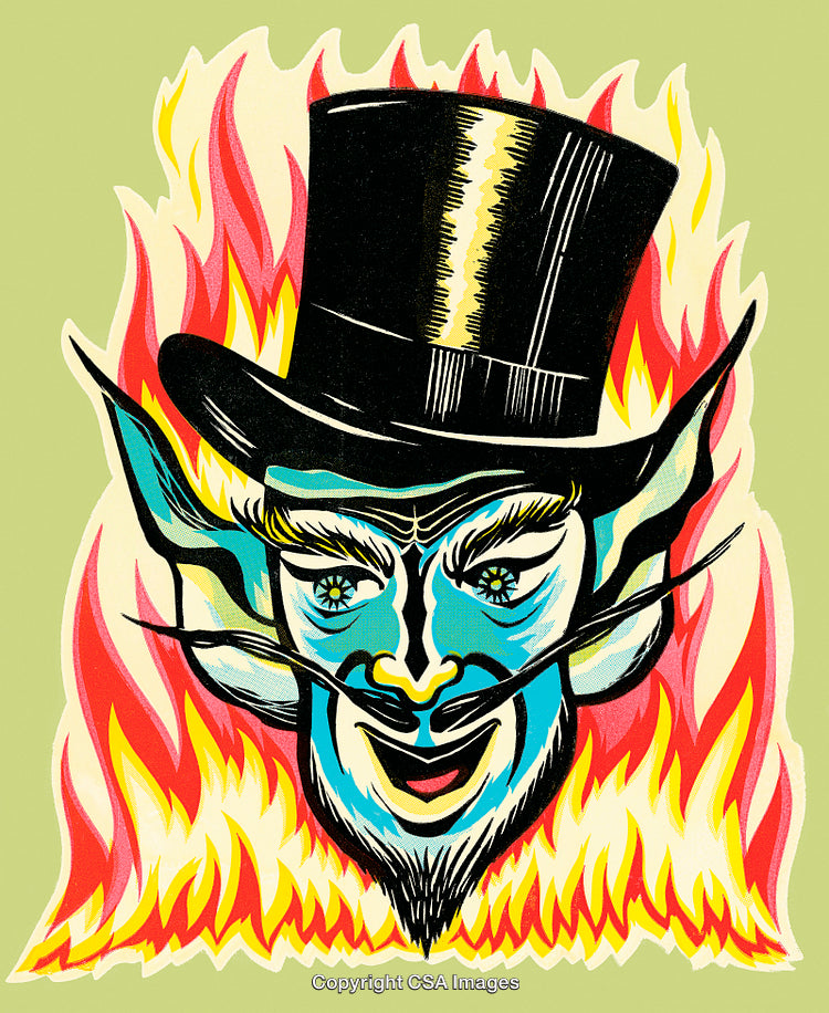 Colorful Vintage Illustration of Devil Face with Flames and Top Hat