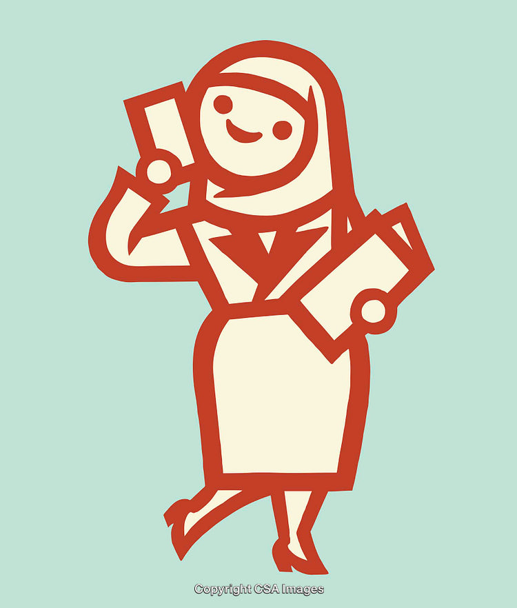Color Line Art Illustration of a Professional Woman Holding Papers and Talking on Phone