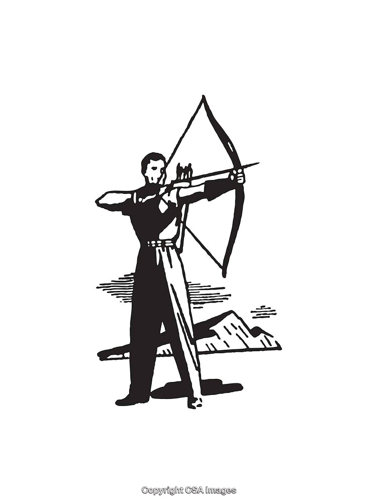 Black and White Line Art of an Archer Aiming With Bow