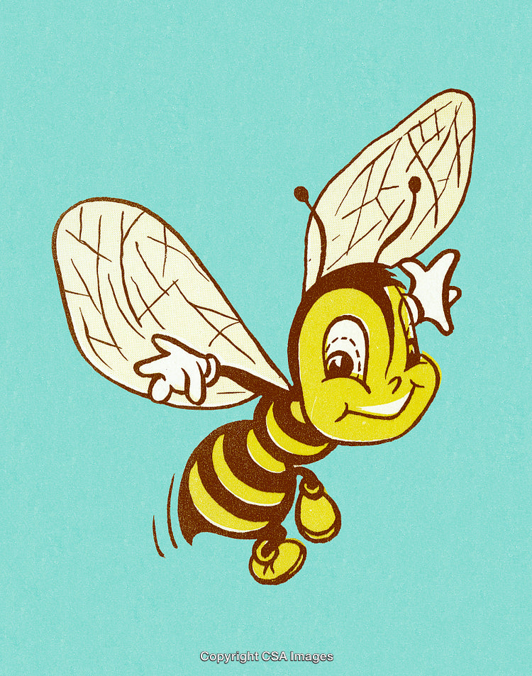 Cheerful Cartoon Bee Character with Wings, Smiling Against a Blue Background