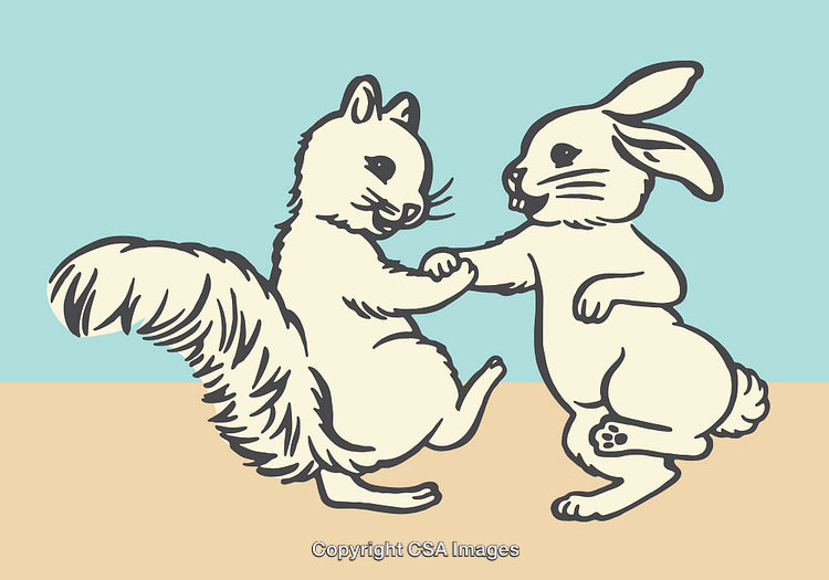 Charming Line Art Illustration of Playful Squirrel and Rabbit Dancing Together