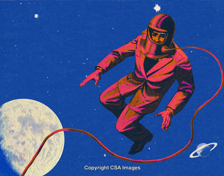 Retro Space Adventure Featuring an Astronaut in a Business Suit