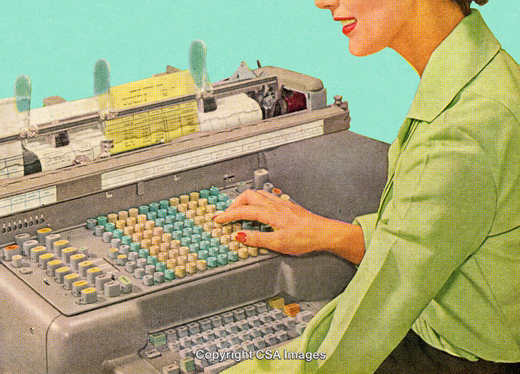 Vintage Illustration of an Office Worker Using a Retro Typing Machine