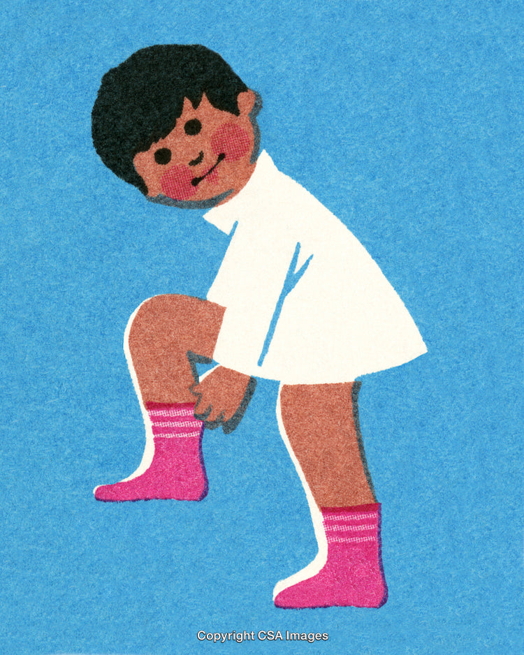 Child Putting on Pink Socks on Blue Background Illustration