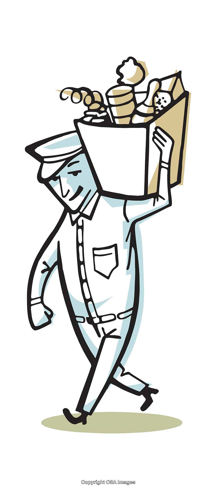 Delivery Worker Carrying Groceries in Retro Style Illustration