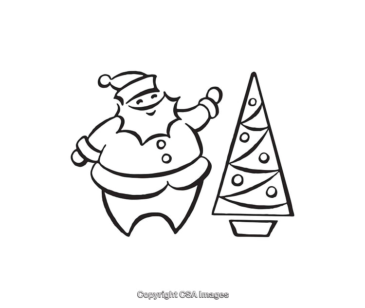 Black and White Drawing of Santa Claus with Christmas Tree