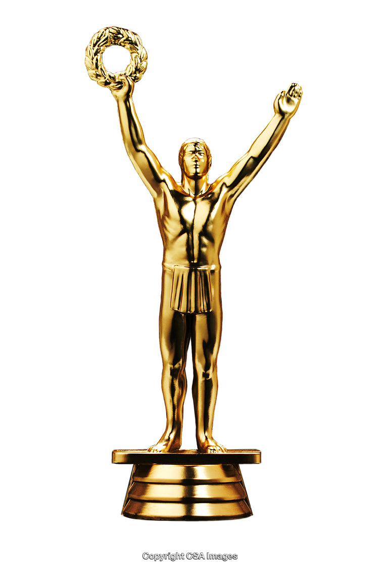 Golden Trophy Featuring a Victorious Figure with Laurel Wreath in Hands