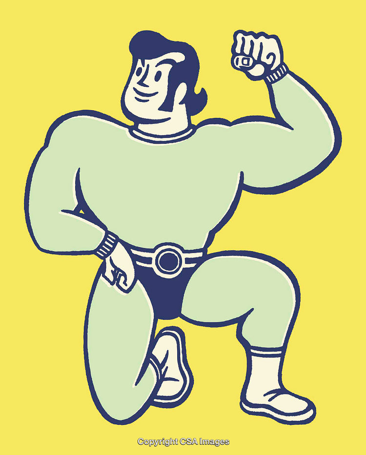 Retro Cartoon Superhero in Classic Bold Colors on a Solid Yellow Background