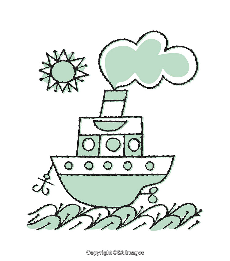 Hand-Drawn Steamship with Sun and Waves in Pastel Tones