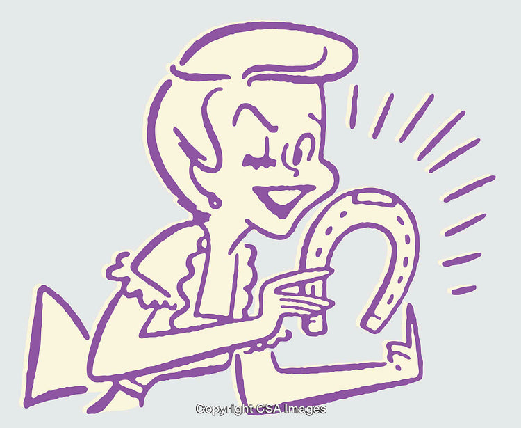 Vintage Line Art of Woman Holding Horseshoe with Cheerful Expression