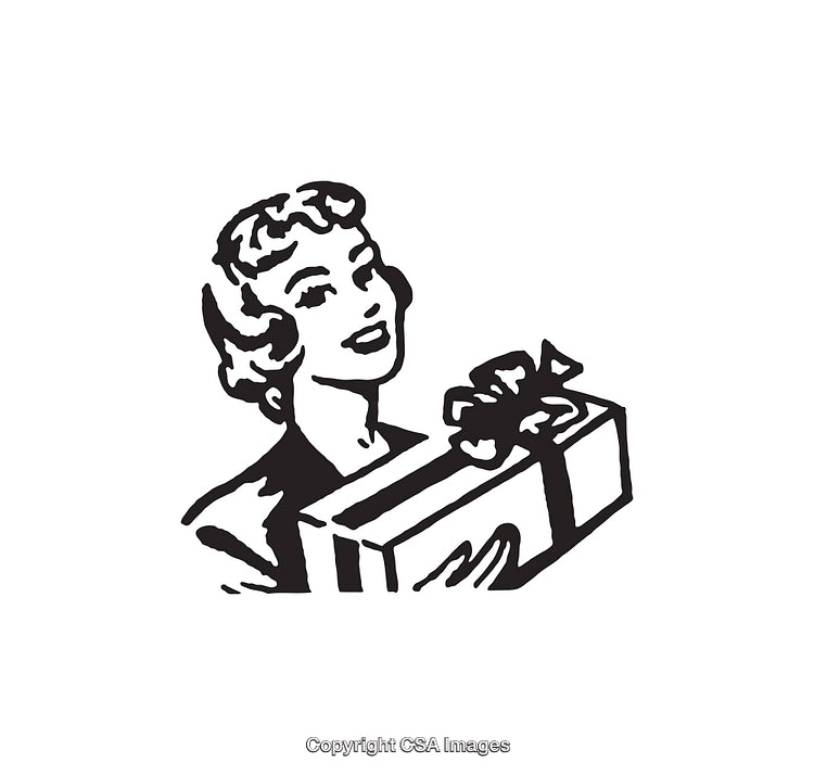 Retro Illustration of a Smiling Woman Holding a Gift Box with Bow