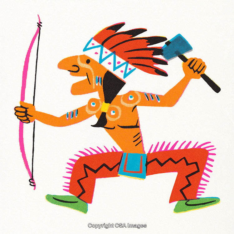 Colorful Cartoon Illustration of a Warrior with Feathered Headdress and Bow