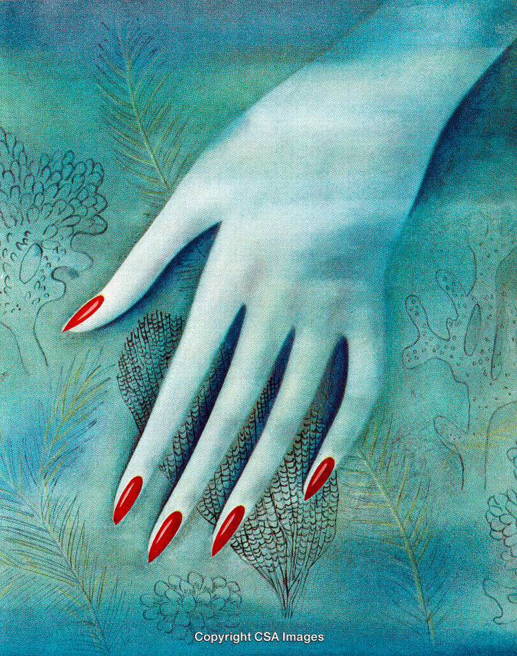 Elegant Hand With Red Nails Among Artistic Aqua Marine Textures