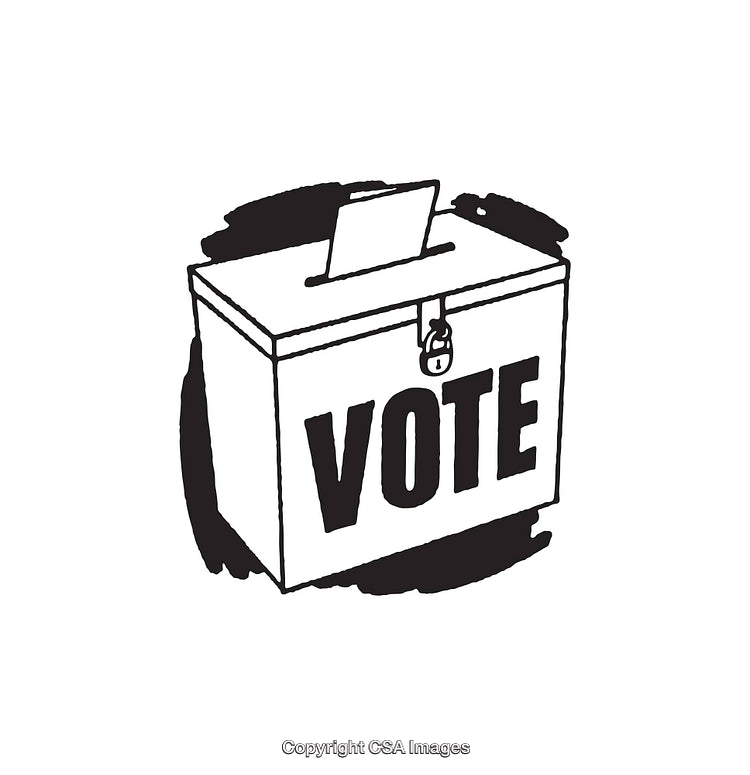Black and White Illustration of a Voting Ballot Box with Lock