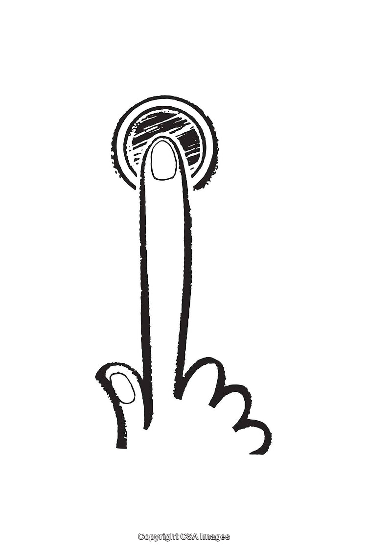 Black and White Line Art of a Hand Pressing a Button