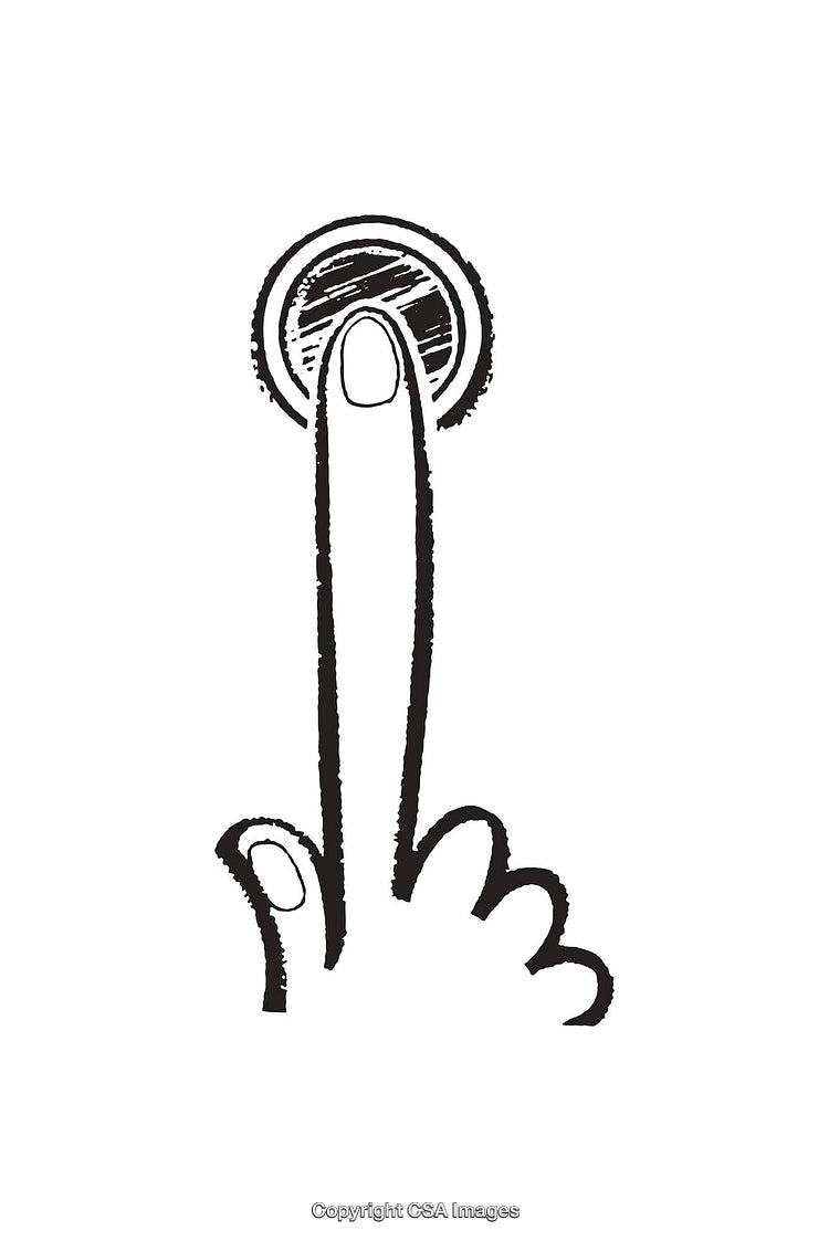 Black and White Line Art of a Hand Pressing a Button