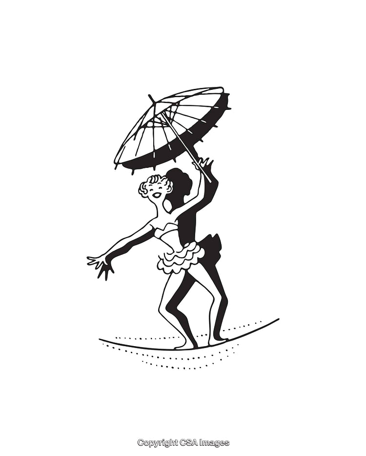 Vintage Circus Performers Balancing with Umbrella in Artistic Line Art