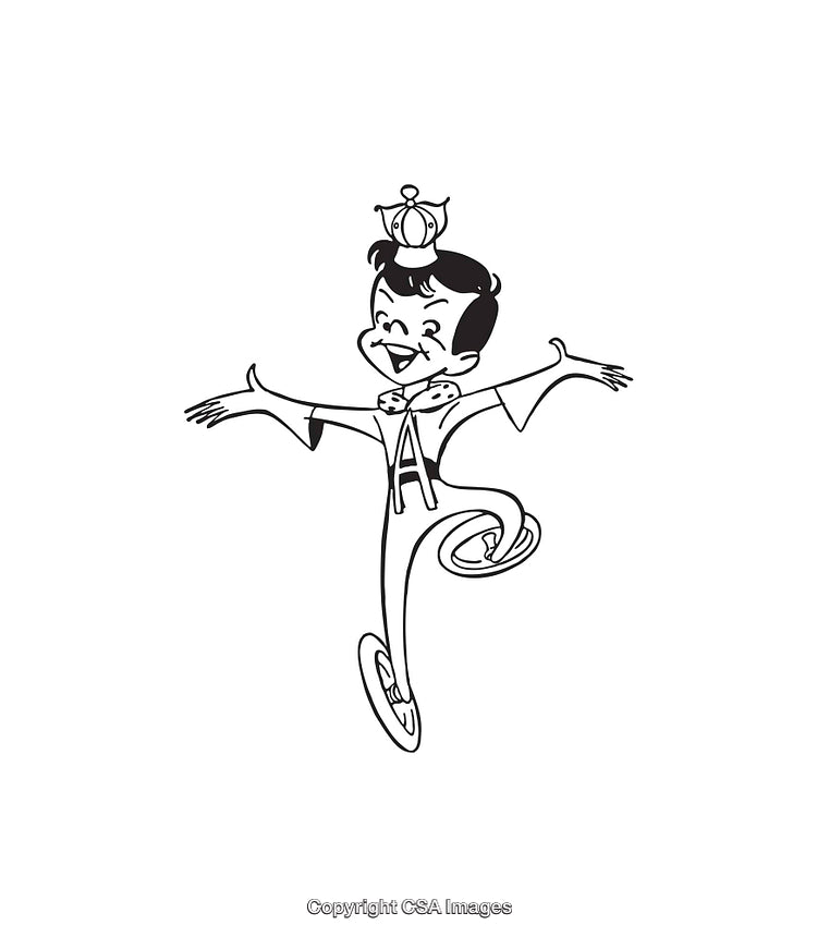Cheerful Cartoon Character in Crown Jumping with Arms Outstretched in Line Art