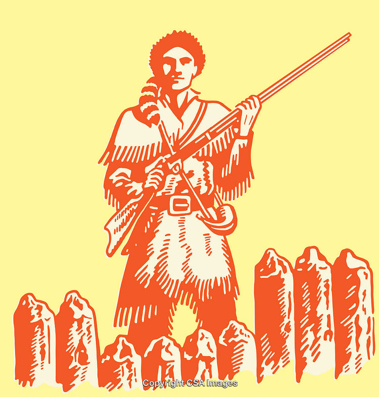 Pioneer Figure in Orange Line Style with Yellow Background and Fence Scene