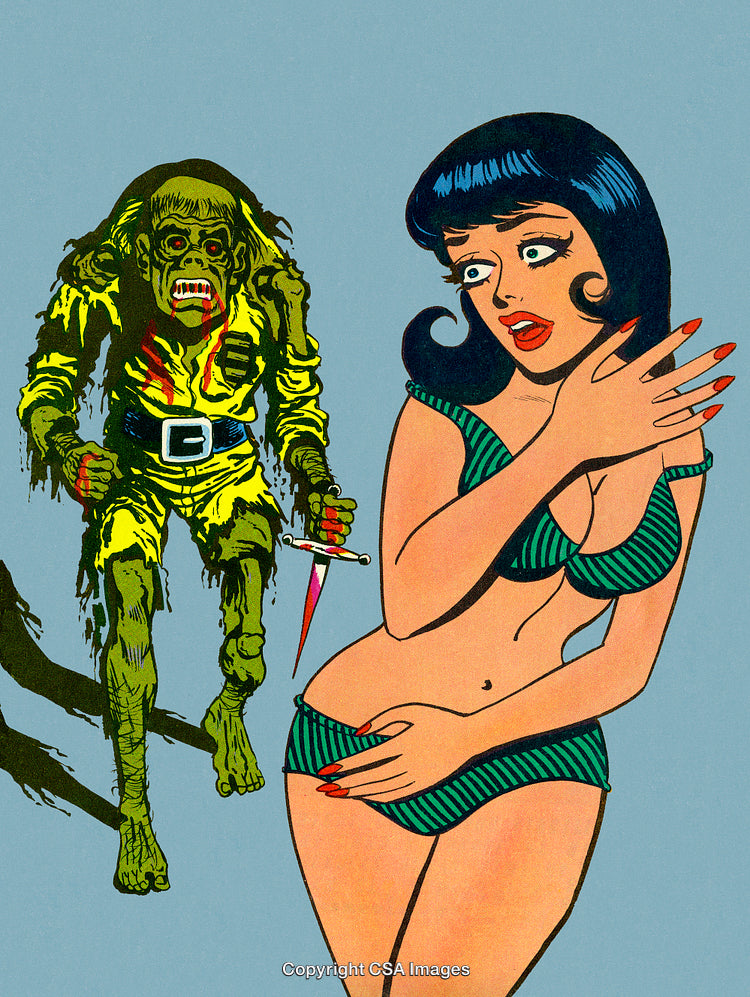 Retro Comic Illustration of a Woman and a Creepy Monster with Knife