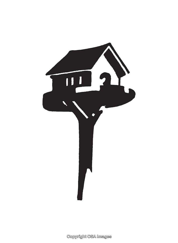 Black And White Line Art of a Cabin in a Tree