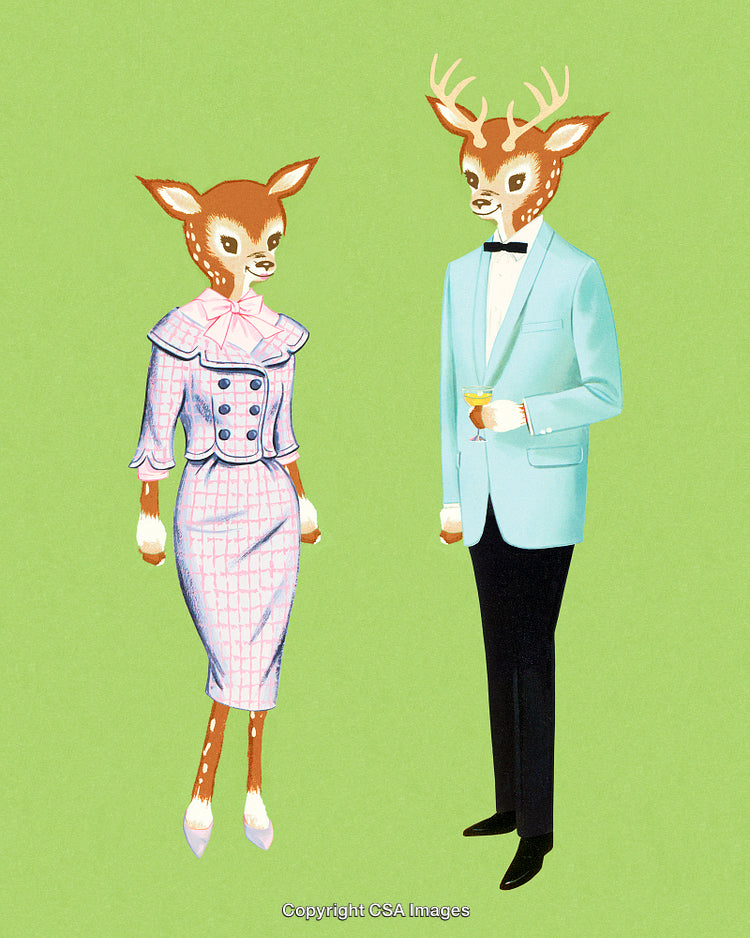 Elegant Anthropomorphic Deer Couple in Stylish Attire on Green Background