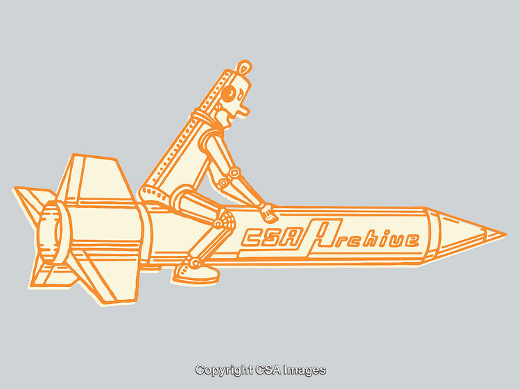 Retro Robot Riding a Pencil-Shaped Rocketline Design
