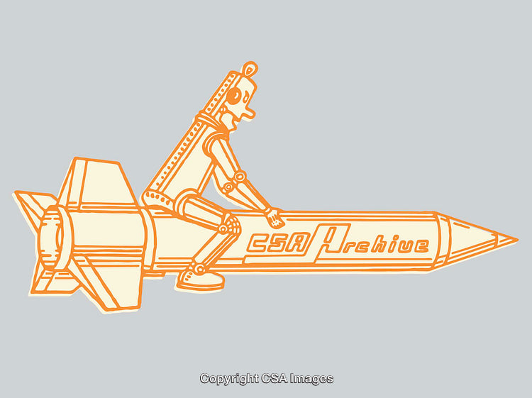Retro Robot Riding a Pencil-Shaped Rocketline Design