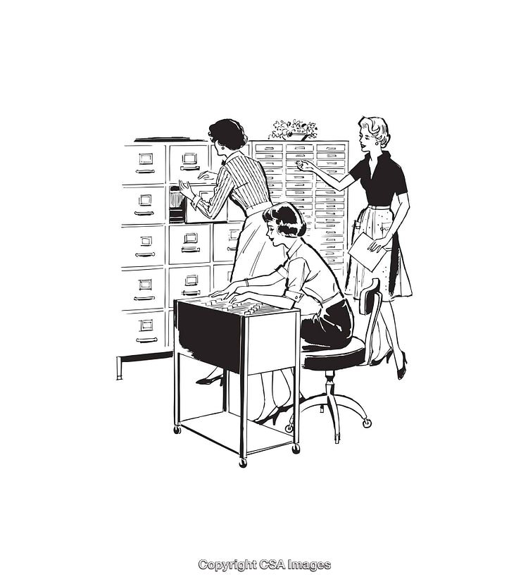 Black and White Line Art Illustration of Office Workers Organizing Files