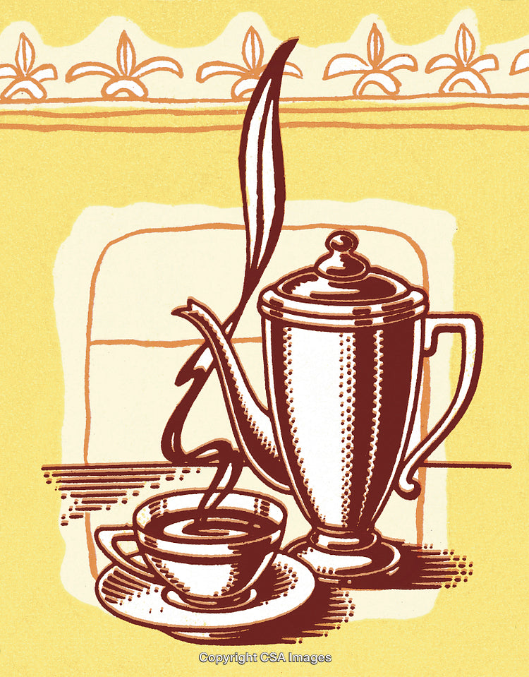 Illustration of Teapot and Teacup on a Textured Yellow Background