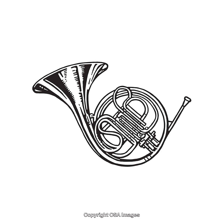 Detailed Line Art Illustration of a French Horn Musical Instrument