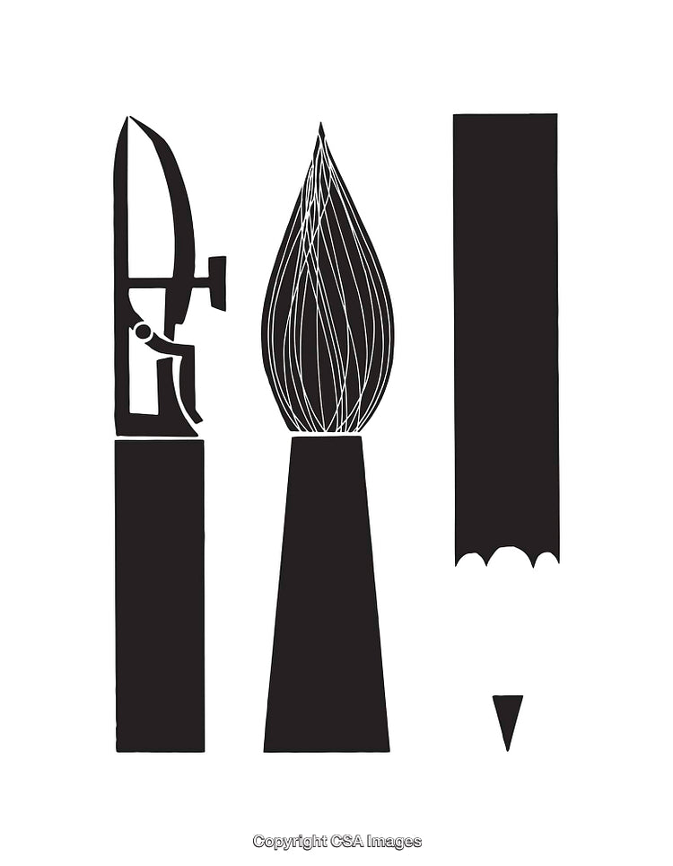 Black and White Illustration of Knife, Brush, and Pencil