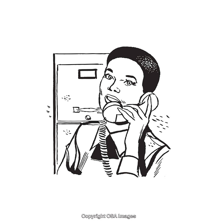Black and White Drawing of a Person Talking on a Phone in Office